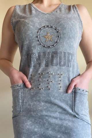Mia Butik Kadın İtalyan Yıkamalı Kolsuz Gri Elbise-675 Gri