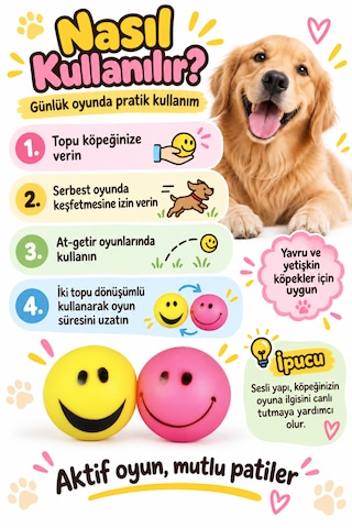 Happy Pet Smiley Ball Gülen Surat Desenli Sesli Köpek Oyuncağı 2 Li Paket