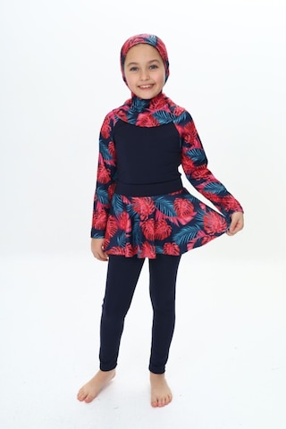My Kids Wear Üç Parça Kız Çocuk Haşema, Tesettür, Etekli, Kapalı Mayo Kırmızı - Lacivert