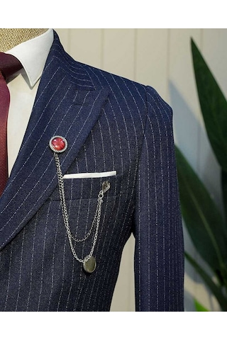 Bys Beystil Sivri Yaka Lacivert Çizgili Kruvaze Takım Elbise Togo - Slim Fit