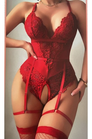 Noctissirius Kırmızı Jartiyer Detaylı Dantelli Fantazi Bodysuit Ve Bacak Bantlı Fantezi Gecelik Takımı