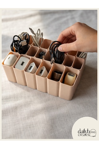 Dailyboo Creates Kablo Ve Adaptör Organizeri-saklama Kutusu-22 Bölmeli Çekmece Düzenleyici Bej