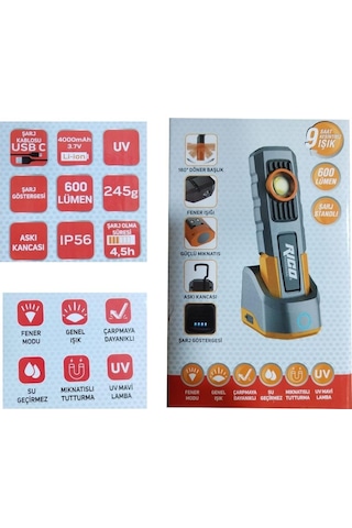 Rico Şarjlı Led El Feneri Su Geçirmez 9 Saat Kullanım Rc0027