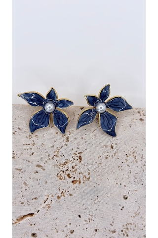 Rhea Jewelry Çiçek Figürlü Renkli Çelik Küpe 3,5 Cm İnci Detaylı Kadın Küpe Lacivert