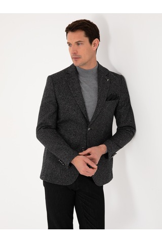 Cacharel Siyah Slim Fit İpek Kaşmir Karışımlı Mikro Desenli Blazer Ceket