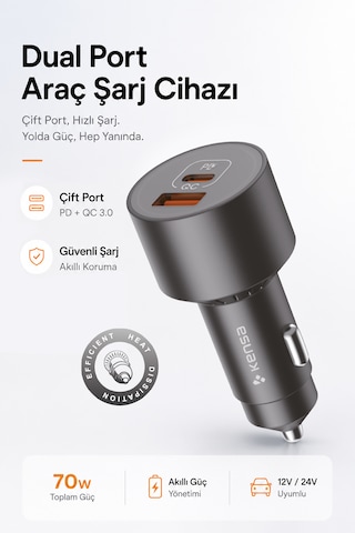 Kensa 70w Araç Hızlı Şarj Aleti Usb-c + Qc Usb-a Girişi Tüm Araçlar Uyumlu Şarj 70w Car Charger