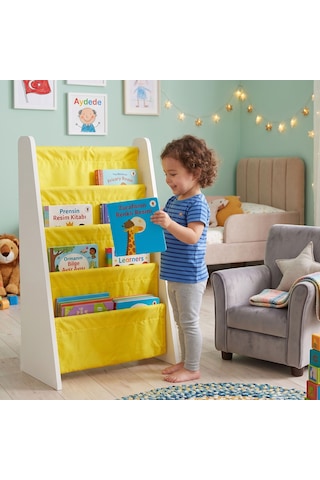 Çocuk Odası Bez Raflı Montessori Kitaplık - 4 Katlı 18mm Beyaz Mdf Ahşap Kitap Organizeri Sarı