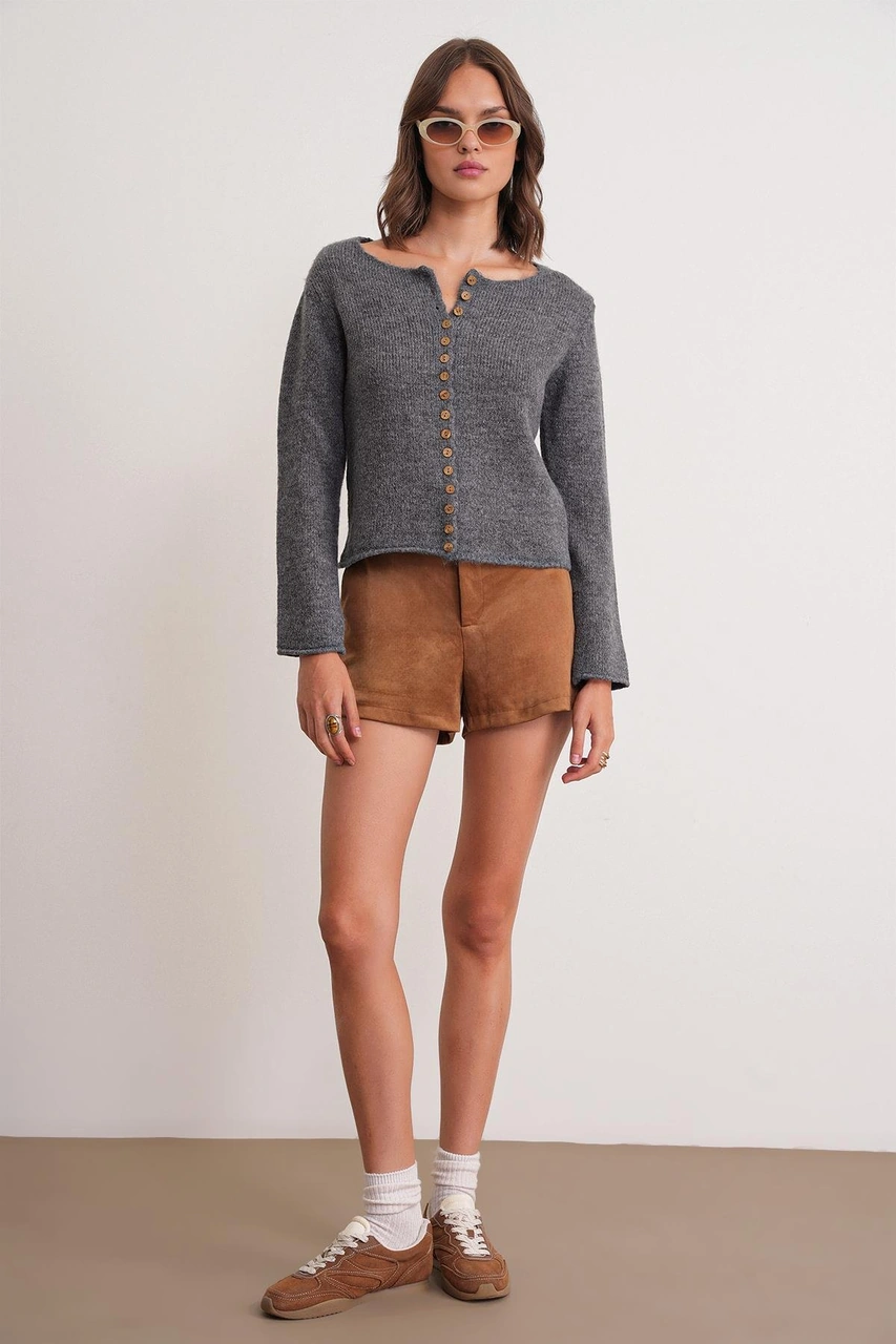 6957 Kadın Düğmeli Bisiklet Yaka Triko Hırka Antrasit Antrasit