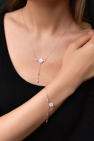 Papatya Silver 925 Ayar Gümüş Rose Kaplama Zincir Sallantılı Taşlı Sedef Manolya Çiçeği Kolye ve Bileklik Set