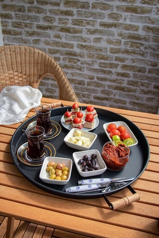 2'li Ahşap Kulplu 45 Cm Metal Tepsi Ve 37 Cm Siyah Tepsi Çay Kahve Sunum Tepsisi Siyah
