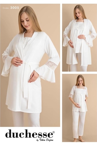 Duchesse 3005 Ekru 3'lü Hamile Lohusa Pijama Sabahlık Takım