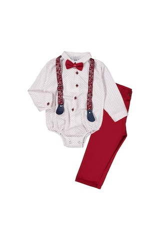 Gömlekli Alttan Çıtçıtlı Gabardin Pantolonlu Pamuklu Bebek Takım Bordo