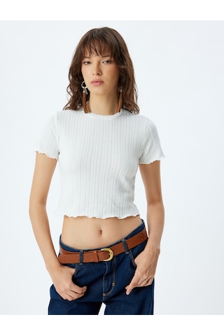 Koton Crop Top Dokulu Kısa Kollu Bisiklet Yaka Slim Fit Beyaz 4sak50787ek Beyaz