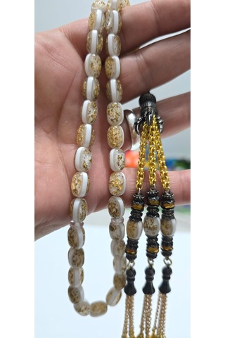 Ağır Püskül Golden Rosary Altın Parçacılı Tesbih Altın - Beyaz