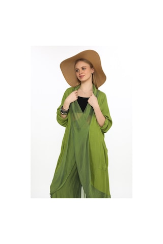 Bohem Stil Italyan Ipek Detaylı Oversize Kap Bluz- Wes Pantolon Takım-8863 Yağ Yeşili