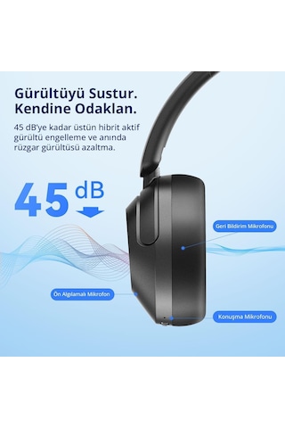 Wave Pro Kulak Üstü Bluetooth Kulaklık - Anc - 80 Saate Kadar Pil Ömrü - Siyah Earfun Türkiye Garantili