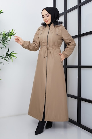 adın Içi Kürklü Astar Altı Elyaf Belden Büzgülü Uzun Pardesü Açık Bej