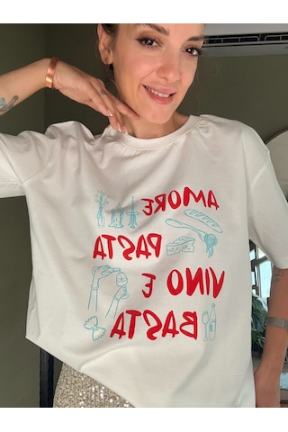 Ali Butik Ekru Amore Pasta Baskılı Tişört