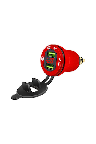 Youtek Bmw Araba/motosiklet Usb Şarj Cihazı, Qc3.0 Hızlı Şarj, Voltmetre, 12-24v, Kırmızı Alüminyum Kasa, Çift Usb Portu