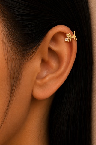 Sertifikalı 316l Çelik Tektaş Ve Taşlı Göz Detaylı Kedi Figürlü Premium Gümüş Renk Tragus Ve Helix P