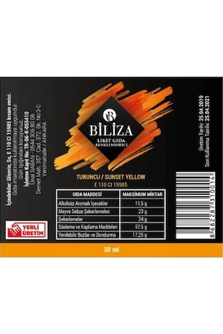 Biliza Sıvı Gıda Boyası Turuncu 30 ML