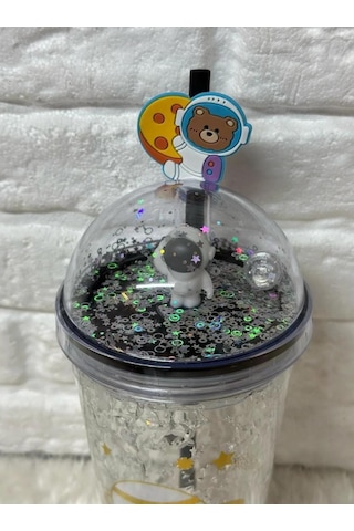 Pipetli Bardak Matara Sevimli Suluk 450 Ml Çift Astronot Figürlü Beyaz