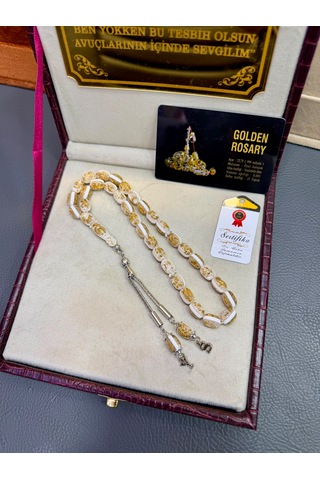 Özel Yazılı Ve Özel Kutulu 24k Altın Parçacıklı Beyaz Tesbih Sertifikalı Kisiye Özel Harfli Hediye