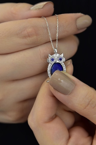 Papatya Silver 925 Ayar Gümüş Rodyum Kaplama Lacivert Göz His Taşı Baykuş Kolye