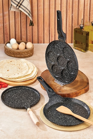 Granit Krep + Pankek + Gözleme Tavası Set Gümüş- Siyah
