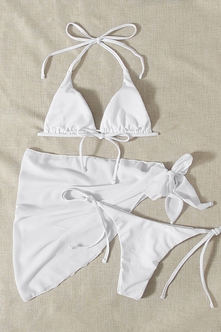 Angelsin Pareolu Bağlamalı 3'lü Bikini Takım Set Çıkartılabilir Kaplı Beyaz