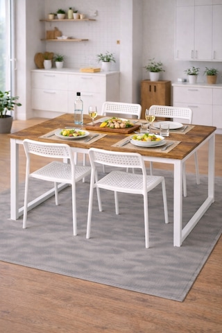 5'li Mutfak Masa Takımı, 4 Sandalye Ve 1 Masa, Yemek Odası, Bahçe Takımı, 4 Kişilik, Metal Ayaklı Masa: Çam/beyaz - Sandalye: Beyaz