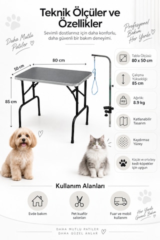 Pet Grooming Katlanabilir Siyah Taşınabilir Pet Kuaför Masası 80 Cm X 50 Cm