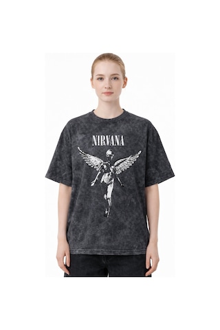 Sevbano Nirvana Rock Metal Müzik Grubu Baskılı Unisex Oversize Eskitme Yı Siyah