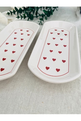 Love Kırmızı Kalp 2 Adet Oval Tabak Kırmızı
