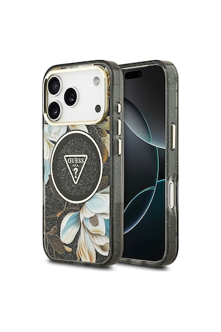 Apple Uyumlu iPhone 17 Pro Kılıf Guess Lisanslı M-safeli Simli Çiçek Desenli Metal Kamera Çerçeveli Kapak Siyah Siyah