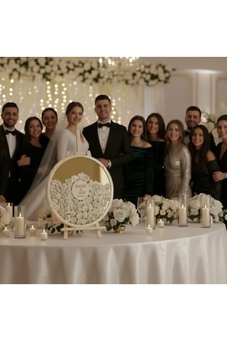Evlilik Sepetim Düğün-nişan Gold Aynalı Pleksi 50 Cm Yuvarlak Misafir-hatıra Anı Defteri-kutusu + Şövale Ve Kalem Hediyeli