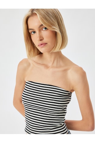 Koton Straplez Crop Üst Ribanalı Slim Fit Siyah Çizgili 4sak10968ek
