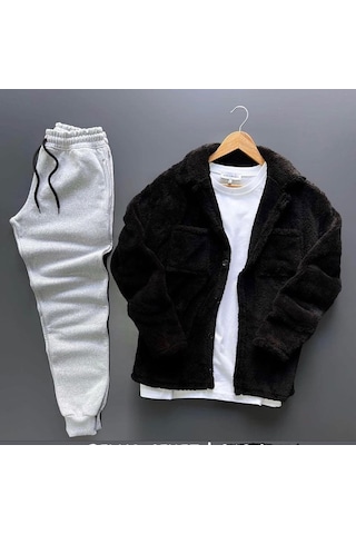 Fifty Color Unisex Siyah Peluş Polar Hırka Gömlek Gri Eşofman Altı Takım Gri - Siyah Fifty Color Unisex Siyah Peluş Polar Hırka Gömlek Gri Eşofman Altı Takım Gri - Siyah
