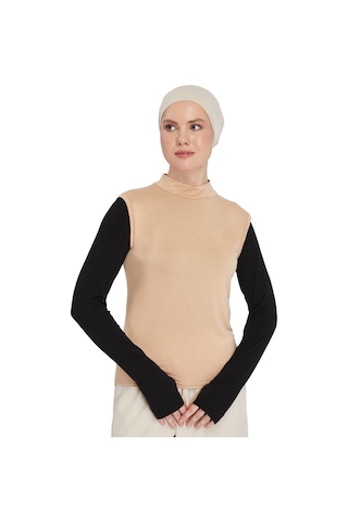 Organik Kolsuz Balıkçı Yaka Likralı Kadın Sıfır Kol Body Koyu Bej