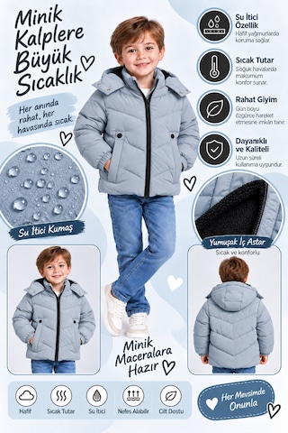 Ahengim Erkek Çocuk Kapüşonlu Şişme Mont Fermuarlı Cep Detaylı Günlük Kışlık Su İtici Çocuk Montu Ak4280 Bebe Mavi