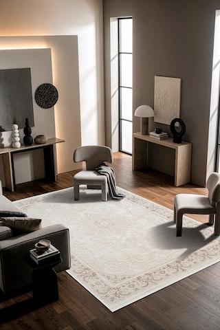 Leon Ln006b Krem Halı Klasik Desen Pamuk Taban Akrilik Tozuaz Salon Yatak Odası Koridor Halısı-907 Krem