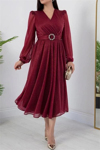 Neşeli Butik Kadın Kemer Ve Vatka Detaylı Simli Midi Elbise Rymy3590 Bordo