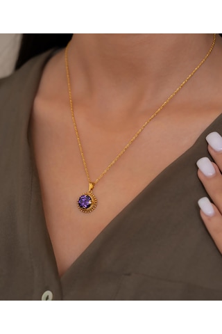 Bayar Gold 14 Ayar Altın Mor Taşlı Telkari Kolye Sarı Altın