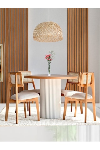 Aspendos İskandinav Natural Ahşap Masa Sandalye Takımı 90x90 Beyaz - Meşe