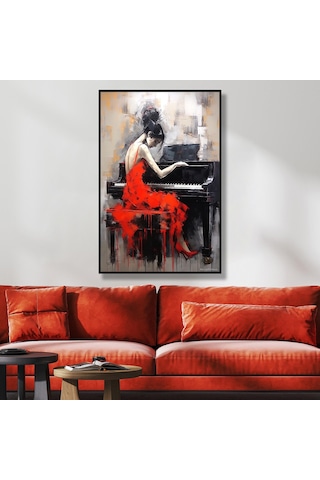 Yağlı Boya Dokulu Tablo Kırmızı Elbiseli Piyano Çalan Kadın Siyah Çerçeveli U05004-178956