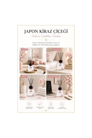 Rosie Japon Kiraz Çiçeği Çubuklu Oda Kokusu, Premium Cam Şişe, Kalıcı Ortam Kokusu, Dekoratif Reed Diffuser