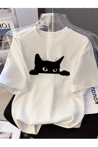 Modi Baskılı Oversize Bisiklet Yaka T-shirt - Beyaz - Mymg158937
