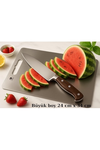Paslanmaz Çelik Antibakteriyel Kesme Tahtası 304 Kalite - Büyük Boy 24x34 Cm Gri