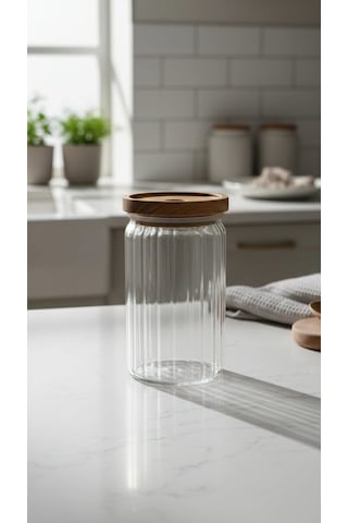 750 Ml Akasya Kapaklı Yuvarlak Cam Kavanoz Yuvarlak Baharat & Erzak Saklama Kabı Açık Kahverengi - Şeffaf