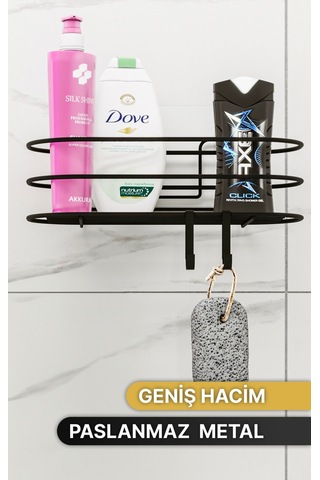 Banyo Düzenleyici Şampuanlık Sabunluk 1 Adet Oval Tel Yapışkanlı 2 Askılı Duş Rafı Organizer Siyah